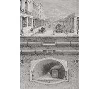 A late 19th century cross section illustration of subterranean London England. It shows the city's essential utilities. From top and down a street a gas pipe and a water pipe a pneumatic tube for mail