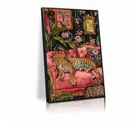 A leopard-print wall art poster on a pink sofa, a plant-themed wall art piece, a maximalist decorative style, and a living room home decor wall art piece.(L30 xW20-CANVAS)