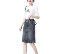 A Line Denim Skirt for Women - Summer High Waist Double Buttons Blue Midi Skirts for Women,Split Jean A-Line Skirt Woman,Gray,M