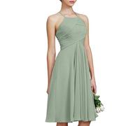 A-line Halter Short Chiffon Bridesmaid Dresses Mini Pleated High Waist Sleeveless Formal Dress for Homecoming Party Sage UK10