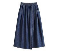 A Line Midi Women's Denim Skirts, Vintage Blue Denim Half Dress with Pockets Versatile Stylish Plus Size Ladies Jeans Skirt for Casual Travelling Party
