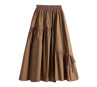 A-Line Skirt for Womens Elastic Waist Skirt 2024 Trendy Skirts Flowy Cotton Linen Skirt for Womens Long Skirt Pleated Dresses Casual Skirts (Brown, One Size)