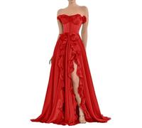 A-line Strapless Chiffon Prom Dresses Women's Split Ruffle Formal Evening Gowns Red M