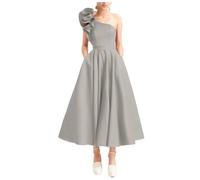 A Line Tea Length Cocktail Dress Satin Graduation Ceremony Gown with Pockets One Shoulder Prom Dress Silver Size UK16/EU44