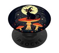 A Little Black Witchy Cat Sitting On A Toadstool 2 PopSockets Adhesive PopGrip
