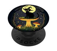 A Little Black Witchy Cat Sitting On A Toadstool 4 PopSockets Adhesive PopGrip