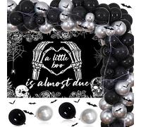 A Little Boo is Almost Due Baby Shower Decorations, Black and Silver Halloween Balloon Garland Kit, Halloween Baby Shower Decorations for Boy, Ghost Bat Foil Balloons Little Boo Party Decor