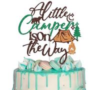 A Little Camper is on the Way Cake Topper, Happy Camper Baby 1st Birthday Party Decoration Supplies, Little Camping Baby Shower Decoration Brown Glitter