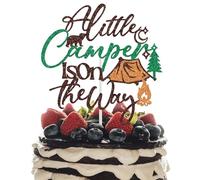 A Little Camper is on the Way Cake Topper, Little Camping Baby Shower Decoration, Happy Camper Baby 1st Birthday Party Decoration Supplies Brown Glitter