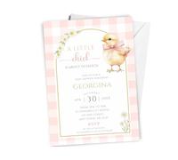 A Little Chick Baby Shower Invitations for Girls - Pack of 10 Personalised A6 Size with Envelopes - Pink Gingham Theme Baby Girl Shower Invite Cards