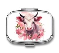 A Little Cow Pill Box 2 Compartment, Portable Pill Case with Mirror for Pocket Purse Travel, Mini Metal Medicine Organizer for Vitamins Fish Oil