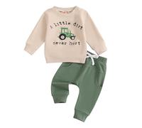 A Little Dirt Never Hurt Kids Toddler Boys Winter Clothes Sets Tractor Print Long Sleeve Sweatshirt and Sweatpants Tracksuit Cute Newborn Baby Outfits British Country Clothing (Beige, 3-4 Years)
