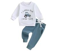 A Little Dirt Never Hurt Kids Toddler Boys Winter Clothes Sets Tractor Print Long Sleeve Sweatshirt and Sweatpants Tracksuit Cute Newborn Baby Outfits British Country Clothing (Blue, 12-18 Months)