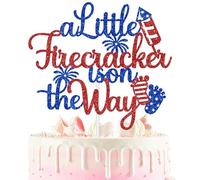 A Little Firecracker is on the Way Cake Topper, Patriotic Baby Shower Cake Decor, Red White & Due, 4th of July Independence Day Theme Baby Shower Gender Reveal Party Decorations Supplies