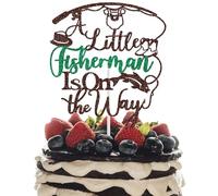 A Little Fisherman is on the Way Cake Topper, Fishing Baby Shower Decorations, Fishing Themed Baby 1st Birthday Party Decoration Brown & Green Glitter