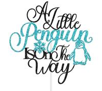 A Little Penguin is on the Way Cake Topper, Penguin Baby Shower Decorations, Baby It's Cold Out Side, Winter Babe Birthday Party Decorations Blue Glitter