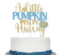 A Little Pumpkin is on His Way Cake Topper, Fall Pumpkin Baby Shower Decorations for Boy, Halloween Pumpkin Baby Shower Birthday Party Decorations, Gold and Blue