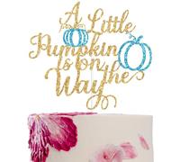 A Little Pumpkin is on the Way Cake Topper, Sweet Little Pumpkin, Fall Thanksgiving Themed Boys Baby Shower Gender Reveal 1st Birthday Party Decorations Supplies Gold and Blue Glitter