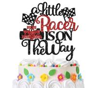 A Little Racer is on the Way Cake Topper, Racing Car Baby Shower Decor, Vintage Racing Car Checkered Flag Theme Baby’s 1st Birthday Baby Shower Party Decorations Supplies Black and Red Glitter
