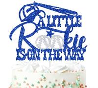 A Little Rookie is on the Way Cake Topper, American Baseball Welcome Baby, Sport Themed Slugger Birthday/Gender Reveal/Baby Shower Party Decoration Supplies for Boy Girl, Silver and Blue Glitter