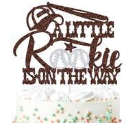 A Little Rookie is on the Way Cake Topper, American Baseball Welcome Baby, Sport Themed Slugger Birthday/Gender Reveal/Baby Shower Party Decoration Supplies for Boy Girl, Silver and Brown Glitter