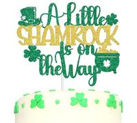 A Little Shamrock is on the Way Cake Topper, Lucky Charm Baby Shower Decorations, St Patrick's Day First Birthday Gender Reveal Party Decorations Supplies, Gold and Green Glitter