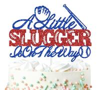A Little Slugger is on the Way Cake Topper, American Baseball 1st Birthday for Boy, Sport Themed Rookie Birthday/Gender Reveal/Baby Shower Party Decoration Supplies, Blue and Red Glitter
