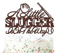 A Little Slugger is on the Way Cake Topper, American Baseball 1st Birthday for Boy, Sport Themed Rookie Birthday/Gender Reveal/Baby Shower Party Decoration Supplies, Brown Glitter