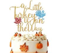 A Little Turkey is on the Way Cake Topper, Happy Turkey Day, Give Thanks, Happy Thanksgiving Boys Baby Shower Gender Reveal Party Decorations Blue