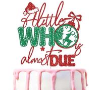 A Little Who is Almost Due Cake Topper, Christmas Baby Shower Decorations, Santa Baby Decor, Winter Holiday Xmas Gender Reveal Party Decorations Red & Green Glitter