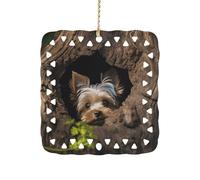 A Little Yorkshire Terrier Ceramic Christmas Ornament Xmas Tree Hanging Pendant Double Sided Pattern Festive Square Ornament Holiday Home Party Decoration Gifts