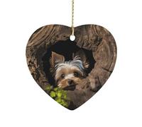 A Little Yorkshire Terrier Ceramic Christmas Ornaments Double Sided Porcelain Hanging Heart Pendant for Xmas Tree, Holiday Home Decor and Gift Party Decorations