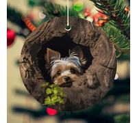 A Little Yorkshire Terrier Christmas Ceramic Ornaments with Gold String - 2.8 Inch Round Double-Sided Porcelain Xmas Tree Decor for Fireplace Mantel, Farmhouse Winter Holiday Hanging Ornaments