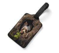 A Little Yorkshire Terrier Nestled in A Tree Hole Luggage Tags for Suitcases, PU Leather Travel Tags with Name Card, Travel Essentials Luggage Accessories Gifts for Women Men