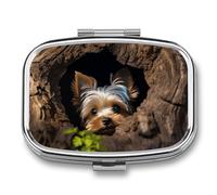 A Little Yorkshire Terrier Nestled in A Tree Hole Pill Box 2 Compartment Portable Pill Case Daily Square Pill Organizer for Pocket Purse Daily Medicine Container to Hold Vitamins Fish Oil Travel Gifts