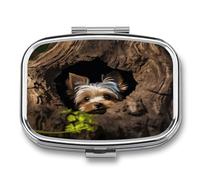 A Little Yorkshire Terrier Nestled in A Tree Hole Pill Case 2 Compartment Metal Small Pill Box Travel Pill Organizer Portable Medicine Container Mini Daily Medication Holder for Vitamin Container Fish