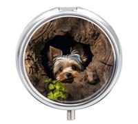 A Little Yorkshire Terrier Pill Box Travel Pill Case for Purse Pocket Weekly Medicine Organizer with Mirror 3 Compartment Round Medicine Case Portable PillcaseHolder for Daily