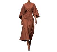 A Lone Dresses Temperament Elegant Solid Color Waist Waist Idle Bat Sleeve Long Dress (Brown, L)