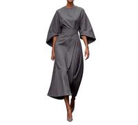 A Lone Dresses Temperament Elegant Solid Color Waist Waist Idle Bat Sleeve Long Dress (Grey, M)
