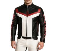 A&M Express Genuine Leather Biker Jacket Mens - Fair Play Logo on both Sleeve Black and White Leather Jacket