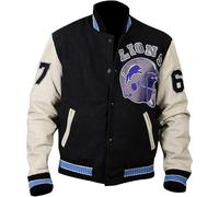 A&M Express Mens Dtroit Lion Varsity Baseball Jacket - Black and Off-White Letterman Collage Jacket