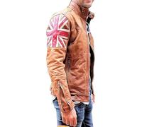 A&M Express Union Jack UK British Flag Cafe Racer Vintage Brown Motorcycle Biker Real Leather Jacket Men