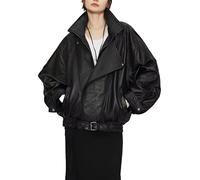 A&M Express Women Oversized Batwing Sleeve Biker Bomber with Stand-Up Funnel Collar & Belted Waist