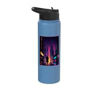 A Man Walks Cyberpunk City Japanese Text Futuristic Art Stainless Steel Insulated Water Bottle