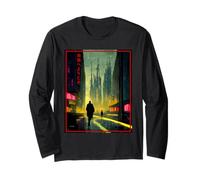 A Man Walks Cyberpunk City Japanese Text Futuristic Costume Long Sleeve T-Shirt