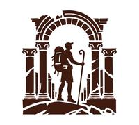 a Man with a Backpack and a Stick is Standing in Front of an Arch Wall Stickers 54.6x60.3cm Can Modify and add Information Coffee