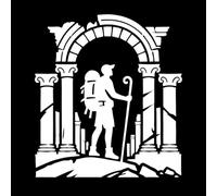 a Man with a Backpack and a Stick is Standing in Front of an Arch Wall Stickers 67.2x74.2cm Equipped with Transfer Film kit White