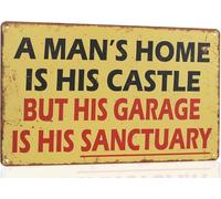 A Man'S Home Is His Castle But His Garage Is Sanctuary Man Cave Bar Club Pub Aluminum Tin Sign Wall Art Decorations Iron Painting for Decor Room Door Accessories Poster Housewarming Gifts 8"x12"