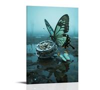 A Mechanical Butterfly Rests Beside A Real Butterfly with Broken Wings, Gears And Scales Blending in The Morning Dew Contemporary Hanging Wall Art - Decorative Mural Design20x30inch(50x75cm)