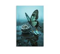 A Mechanical Butterfly Rests Beside A Real Butterfly with Broken Wings, Gears And Scales Blending in The Morning Dew Contemporary Hanging Wall Art - Decorative Mural Design20x30inch(50x75cm)